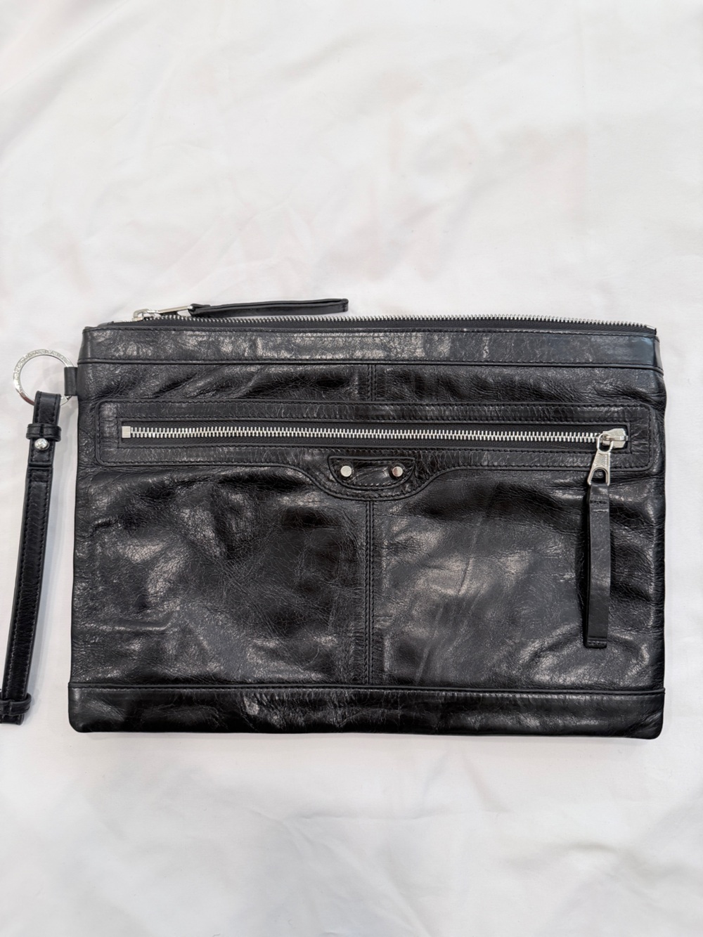 Balenciaga Black Leather Zip Clutch Pouch Silver Hardware Wristlet Bag